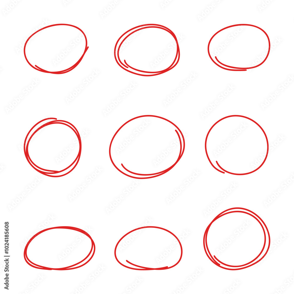 Poster a set of red sketch contours of a circle isolated on a white background, drawn manually with a singl