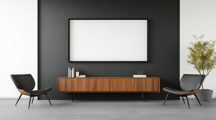 Two chairs flank a wooden console table in a minimalist living room.