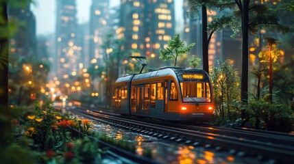 Obraz premium A vibrant tram travels through a misty urban landscape at dusk.