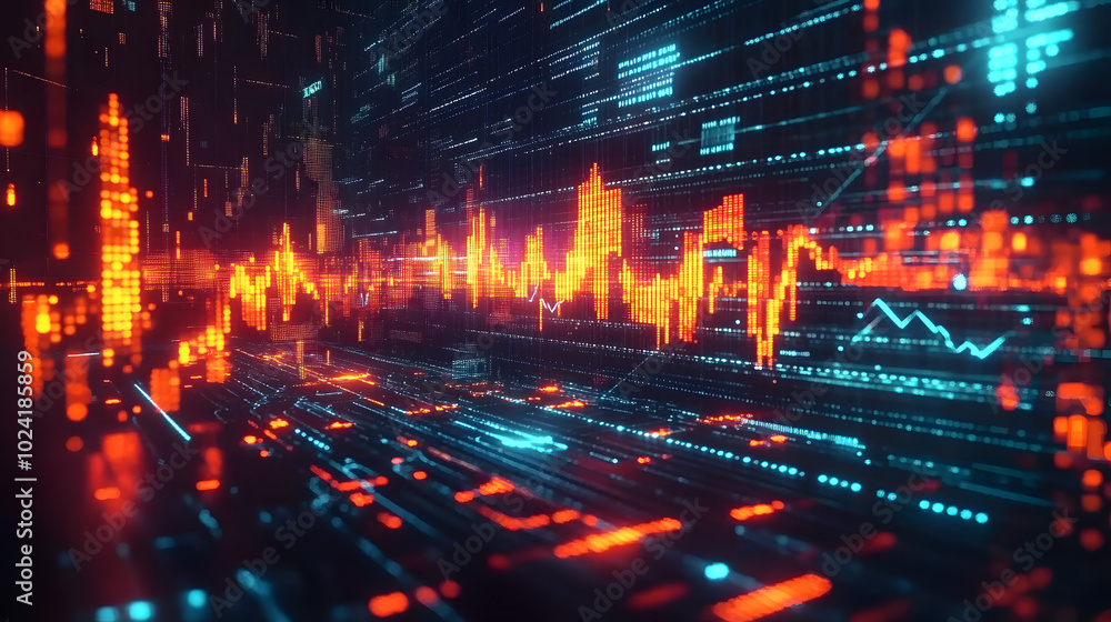 Poster dynamic digital backdrop representing stock market trends with upward and downward arrows intricate 