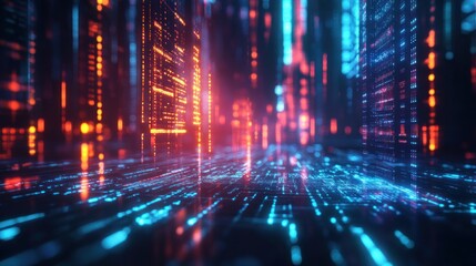 Obraz premium A futuristic digital landscape with glowing lines and nodes, representing data flow and technology.