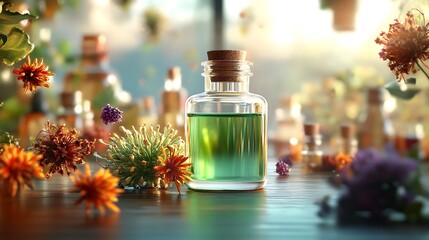 Green Herbal Essence Bottle With Flowers and Sunlight