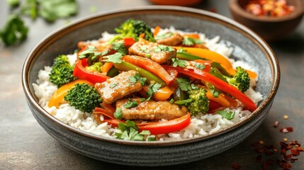 A vegan stir-fry dish cooked with seitan, colorful bell peppers, carrots, and broccoli, served over a bed of jasmine rice and garnished with cilantro and chili flakes