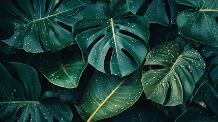 2410_063.fresh monstera leaf cluster, dewdrops on waxy green surfaces, layered tropical plant composition, rich forest floor scene, intricate leaf vein patterns, nature's symmetry showcase