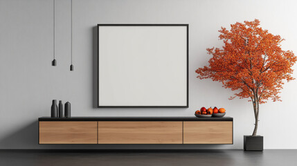 Modern living room with a large blank canvas and a potted tree with orange fruits.