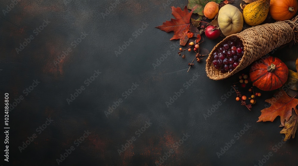 Poster thanksgiving background with a small cornucopia and empty space.