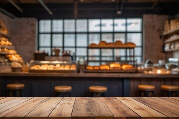 Wooden top with blurred empty bakery shop background can be used for mocking up or display product to make advertising	