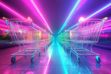 A row of shopping carts are lined up in a neon-lit room