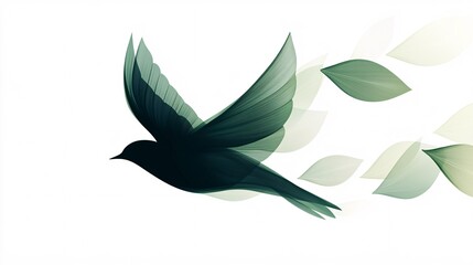 Fototapeta premium 2410_081.minimalist bird silhouette formed by curved leaves, dark forest green and light sage gradient, clean lines, elegant flowing shape, abstract nature symbol, white background, professional