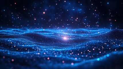 Abstract background with blue and purple particles forming a wavy pattern with a bright spot in the center.