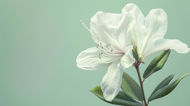 A delicate white azalea flower isolated on a pastel green background.