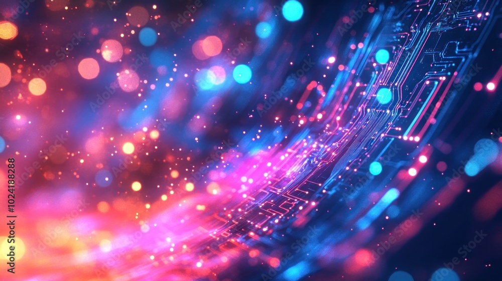 Poster abstract digital background with vibrant colors and circuit patterns.