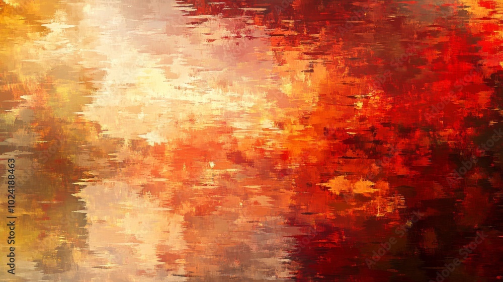 Poster abstract color design with warm reds and golds blending into soft, muted tones of reflection.