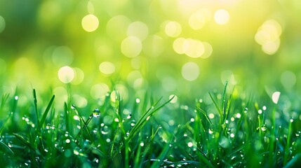 Obraz premium 2410_099.sparkling dewdrops on grass, vivid green palette, microscopic view of nature, crisp foreground details, blurred backdrop, serene spring landscape, environmental conservation motif
