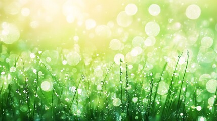 Obraz premium 2410_099.sparkling dewdrops on grass, vivid green palette, microscopic view of nature, crisp foreground details, blurred backdrop, serene spring landscape, environmental conservation motif