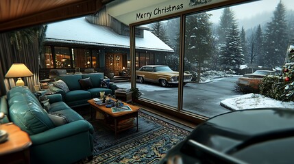 Cozy Living Room with Winter View and Classic Car