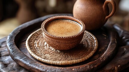 Close-up of a Clay Cup of Coffee on a Wooden Tray