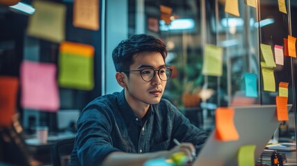 An Asian businessman collaborating with his team in an open-plan office, brainstorming ideas with sticky notes on a glass wall and laptops open, fostering creative teamwork