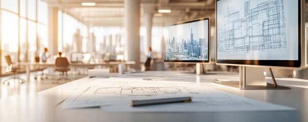 Modern office workspace featuring blueprints, monitors, and warm sunlight for a professional atmosphere.