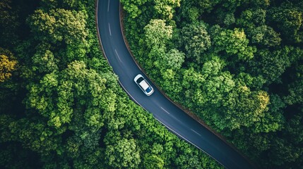 2410_108.overhead view of serpentine road amidst thick greenery, electric car on eco-friendly trip, vibrant forest landscape, sustainable travel imagery, environmental awareness visual