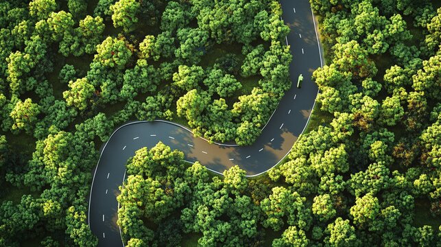 2410_110.top-down capture of meandering roadway surrounded by abundant foliage, clean energy automobile, green transportation narrative, expansive forest vista, environmental stewardship portrayal