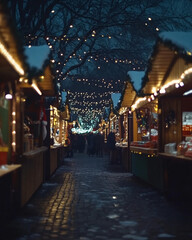 cozy christmas market street night festive lights and decorations winter snow europe