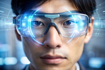 Asian man wearing augmented reality glasses exploring the future of artificial intelligence