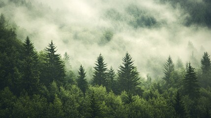 Fototapeta premium hazy mountain treeline, low-lying clouds enveloping evergreens, mysterious forest ambiance, atmospheric weather conditions, moody nature photography, tranquil woodland scenery, muted tones