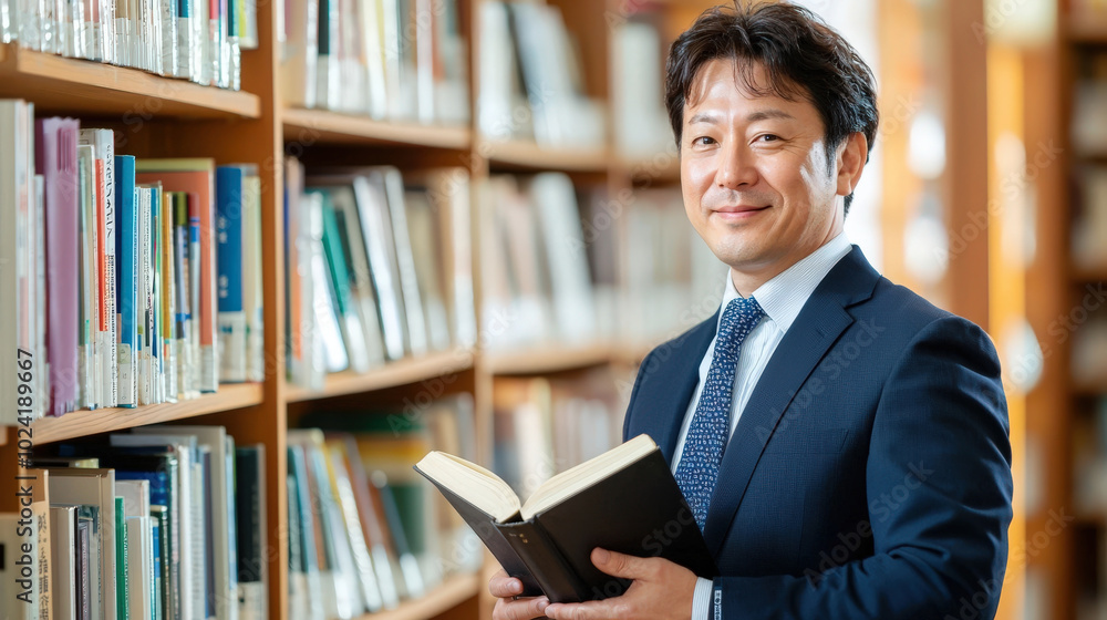 Aufkleber confident man in suit stands in library, holding book and smiling warmly. shelves are filled with va