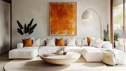modern living room, large white sectional sofa, abstract orange artwork on wall, round coffee table, neutral color palette, cozy cushions, floor lamp with round shade, potted plants, natural light, mi