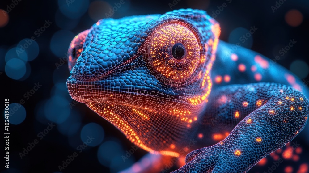 Poster a close-up of a chameleon, rendered in a digital, wireframe style. it is illuminated in shades of bl