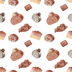 sweet layers crepe cake roll, hand-drawn watercolor painting pattern seamless design