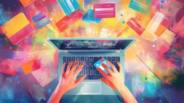 A vibrant digital illustration of hands typing on a laptop, surrounded by colorful credit cards, symbolizing online shopping and transactions.