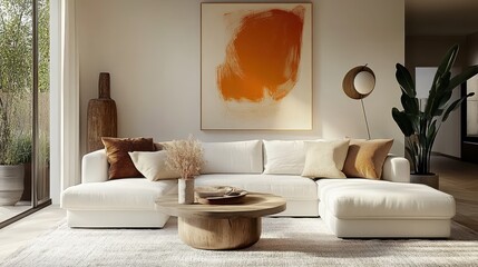 modern living room, large white sectional sofa, abstract orange artwork on wall, round coffee table, neutral color palette, cozy cushions, floor lamp with round shade, potted plants, natural light, mi