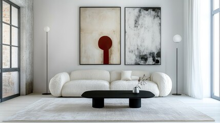 modern living room, minimalist design, cream and white color palette, contemporary art on walls, soft textured sofa, abstract artwork, black coffee table, cozy atmosphere, stylish decor, natural light
