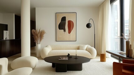 modern living room, minimalist design, cream and white color palette, contemporary art on walls, soft textured sofa, abstract artwork, black coffee table, cozy atmosphere, stylish decor, natural light