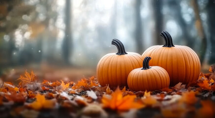 A serene autumn scene featuring three pumpkins nestled in vibrant fallen leaves, surrounded by a soft, misty forest backdrop.