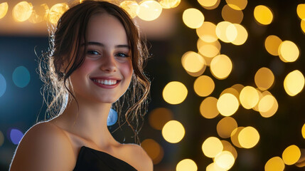 Fototapeta premium young woman smiles brightly against backdrop of warm, glowing lights, exuding joy and confidence. Her elegant look adds to festive atmosphere