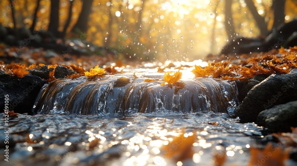 Poster a serene stream flows through an autumn forest, illuminated by soft sunlight and falling leaves.