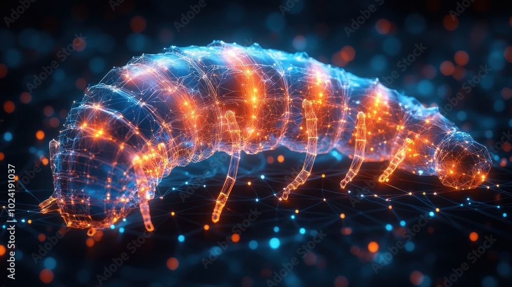 Poster a glowing digital worm, made of lines and dots, crawls over a dark background with an abstract patte