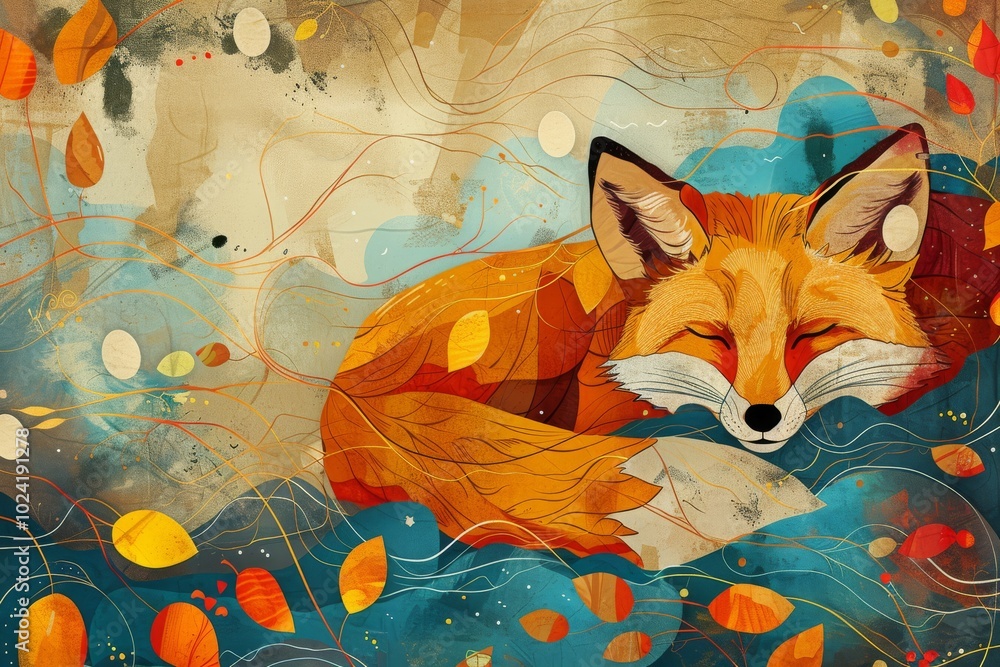 Poster a fox is sleeping in a river with leaves floating on the water. the image has a peaceful and calming