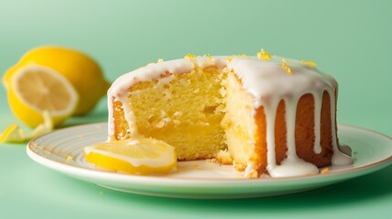 A slice of lemon drizzle cake with glaze on green background