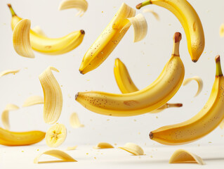 Various falling fresh ripe banana on light white background, horizontal composition