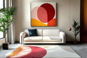 modern living room, minimalist design, white couch, abstract art, colorful decor, indoor plants, bright lighting, contemporary furniture, artwork with red and pink shapes, geometric rug, cozy interior