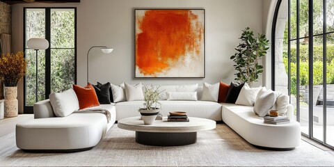 modern living room, large white sectional sofa, abstract orange artwork on wall, round coffee table, neutral color palette, cozy cushions, floor lamp with round shade, potted plants, natural light, mi