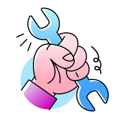 Hand holding a blue wrench