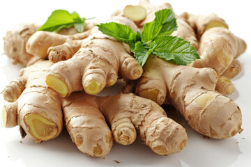 Fototapeta premium Fresh ginger root or rhizome isolated on white background