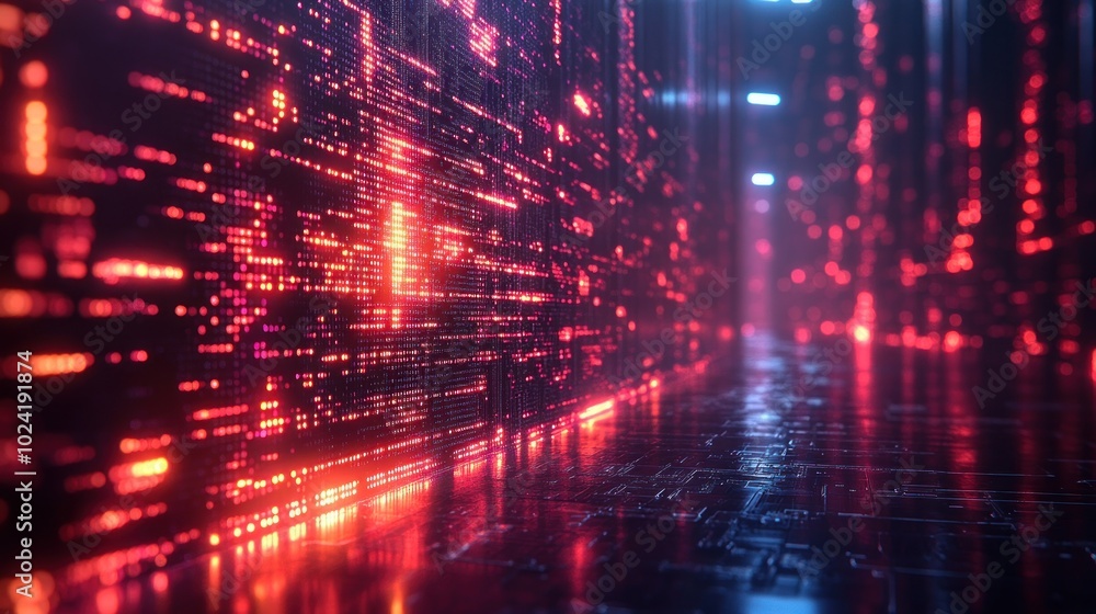 Poster a futuristic corridor lined with glowing red digital code.
