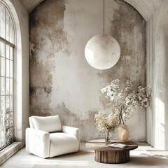 minimalist interior design, weathered wall, modern furniture, arched window, large spherical pendant light, soft natural light, cozy white armchair, rustic coffee table, flower arrangement, serene atm