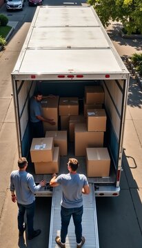Aerial view of movers loading office furniture and boxes into a moving truck, teamwork in bright daylight